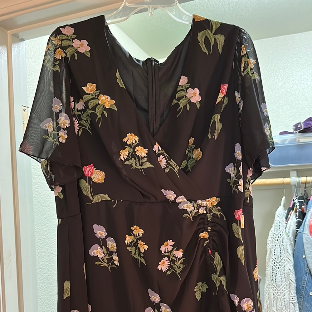 Pink and Orange V-Neck Flutter Sleeve Midi Dress